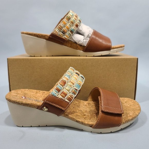 Revere Sorrento Cognac Wedge Heel Sandals Women's Size M New In Box